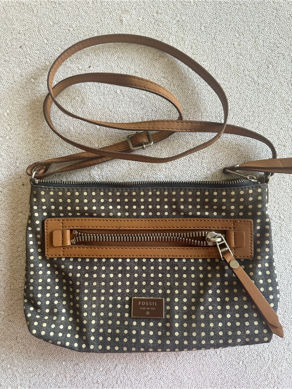 Fossil Brown Polka Dot Crossbody with Tan Trim